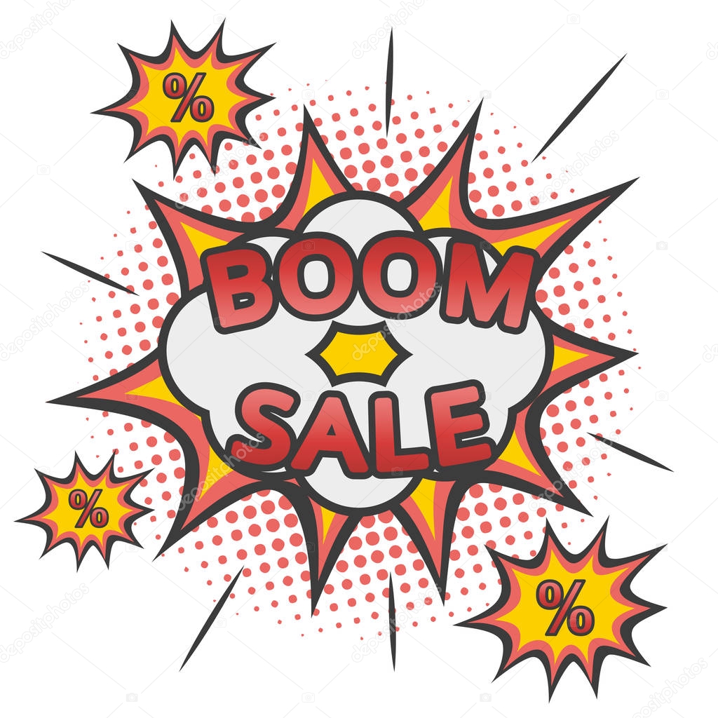 Banner Boom Sale comics pop art on a white background with places for discounts. For discounts, sales and reduced prices.