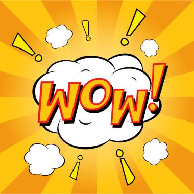 Komik Wow! Renkli çizgi roman patlama, konuşma balonu, karikatür. Sarı arka plan