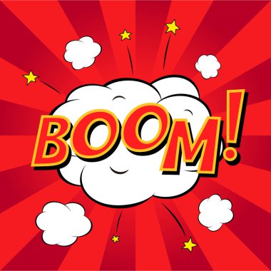 Komik Boom! Renkli çizgi roman patlama, konuşma balonu, karikatür. Kırmızı bir arka plan
