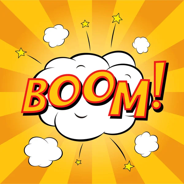 Komik Boom! Renkli çizgi roman patlama, konuşma balonu, karikatür. Sarı arka plan.