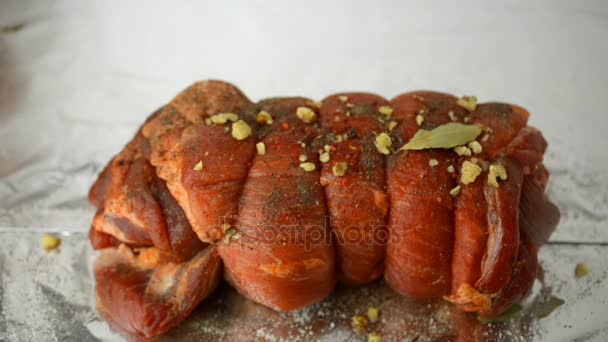 Preparation Meat Roll Human Hands Sprinkle Spices Nuts Raw Marinated — Stock Video