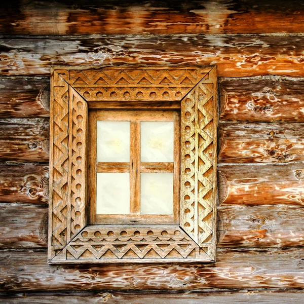 Old square wooden window. Detail of facade vintage rustic house. — Stock Photo, Image