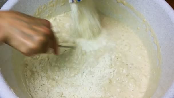 Human Hands Knead Spoon Dough Baking Close — Stock Video