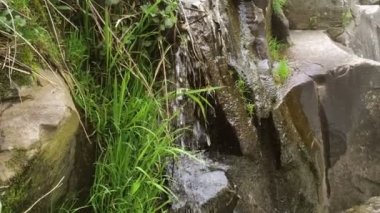 Açık nehir su akışı sıçraması ile beyaz ve şeffaf kabarcıkları ile akan. Güçlü şelale river rapids üzerinde. Video 4k. Yakın çekim.