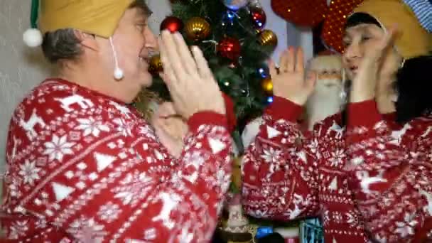 Rodzinne święta. Para starszych dorosłych ludzi, mężczyzna i kobieta, w świątecznych swetrach i kapeluszach, bawi się, wygłupia i bawi się blisko choinki. Przytulanie. — Wideo stockowe