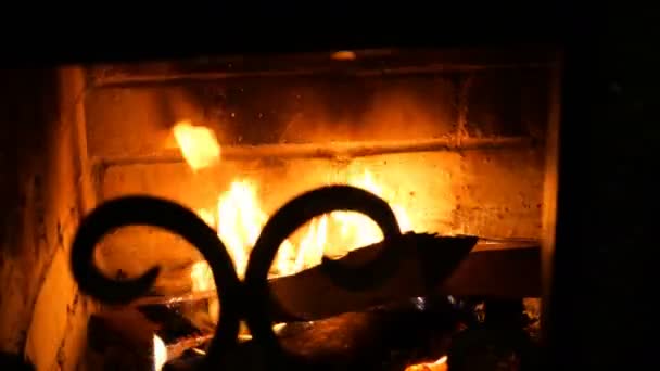 Tronchi di legno che bruciano con arancio fiammeggiante e incandescente nel camino in mattoni con cancello di ferro. Caldo in casa, camino con legna. Focus selettivo . — Video Stock