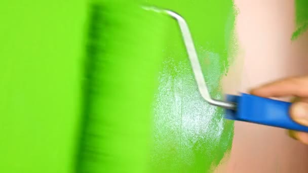 Human hand paints pink wall in bright green color with paint roller. Close-up. — Stock video