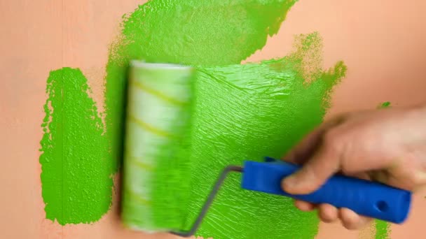 Human hand paints pink wall in bright green color with paint roller. Medium plan. — 비디오