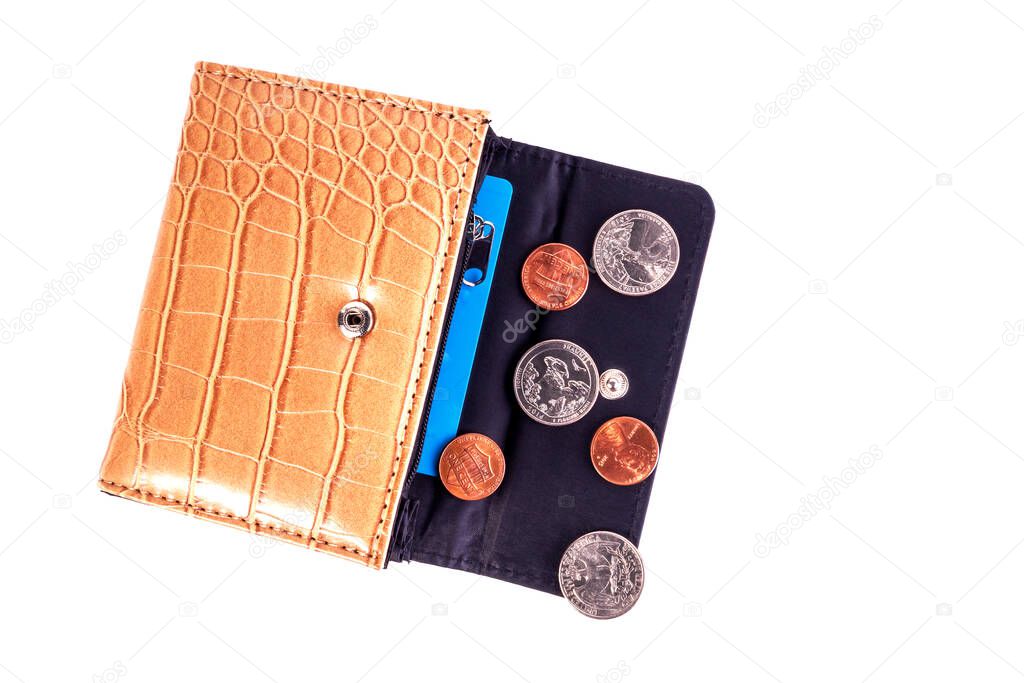 Open brown beige leather pocket wallet with coins one cent and a quarter dollar nearby. Financial crisis, poverty, lack of money. Isolated on white background. Flat lay. Top view. Close-up.