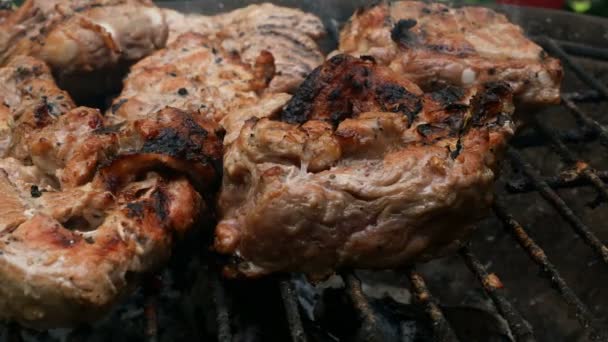 Carne Alla Griglia Barbecue Grigliate Succose Appetitose Bistecche Maiale Sulla — Video Stock