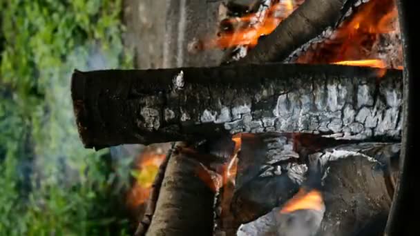 Tűzifát Szenet Égetünk Kandallóban Forró Háttér Narancs Lánggal Füst Láng — Stock videók