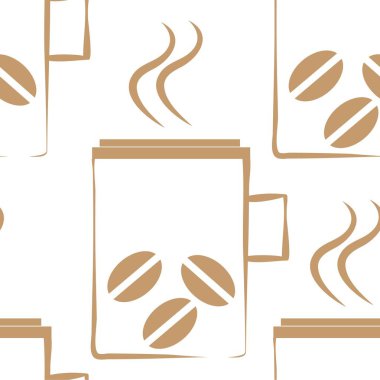 Bardak ve beyaz zemin üzerine kahve taneleri ile sorunsuz vektör desen. Yiyecek ve içecek Dikişsiz desen dizi