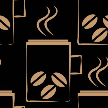 Bardak ve beyaz zemin üzerine kahve taneleri ile sorunsuz vektör desen. Yiyecek ve içecek Dikişsiz desen dizi
