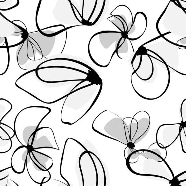 Flores negras monocromas en hermoso estilo sobre fondo blanco. Fondo floral sin costuras. Ilustración vectorial monocromática. Textura sin costura vectorial — Vector de stock