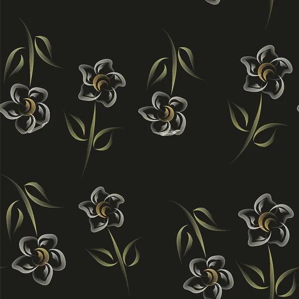 Moderne bloemen, geweldig design voor elk doel. Mooi vectorpatroon. Modern grafisch ontwerp. Bloem naadloos patroon. Kleurrijke bloemen in mooie stijl op donkere achtergrond. — Stockvector