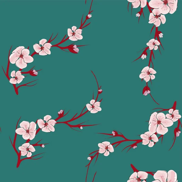 Sakura in abstracte stijl op groene achtergrond. Japanse traditionele patroon achtergrond. Vector natuurlijke illustratie. Voorjaar textiel textuur. Bloesem bloemen naadloos patroon. Voorjaarsbloemen textuur. — Stockvector