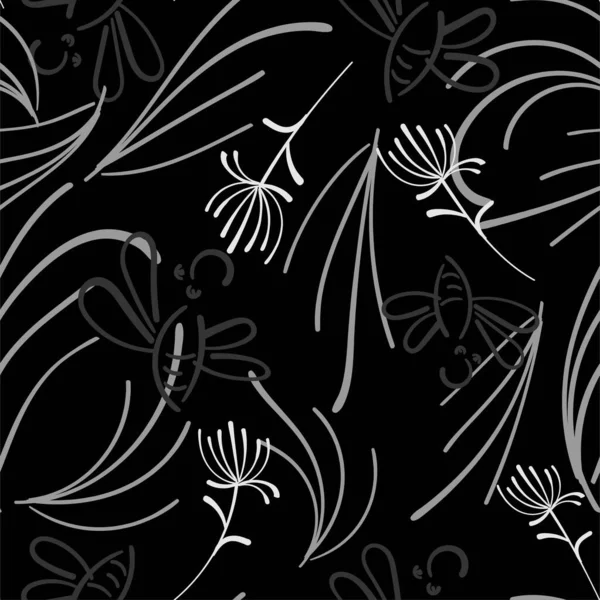 Diente de león gris transparente sobre fondo oscuro. Papel pintado de diente de león decorativo. Fondo de patrón sin costuras. Diseño abstracto del patrón de superficie — Archivo Imágenes Vectoriales