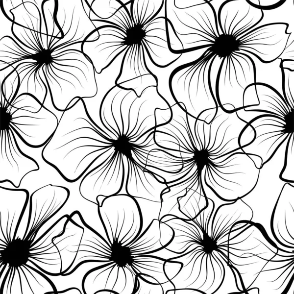 Icono abstracto retro con contornos negros de flores sobre fondo blanco. Patrón floral decorativo. Ilustración del esquema vectorial. Esbozos negros de flores en estilo de arte en línea sobre fondo blanco — Archivo Imágenes Vectoriales