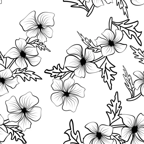 Esboços pretos de flores sobre fundo branco. Textura floral repetir padrão moderno. azulejo padrão sem costura. Modernos contornos pretos de flores, grande design para qualquer finalidade . — Vetor de Stock