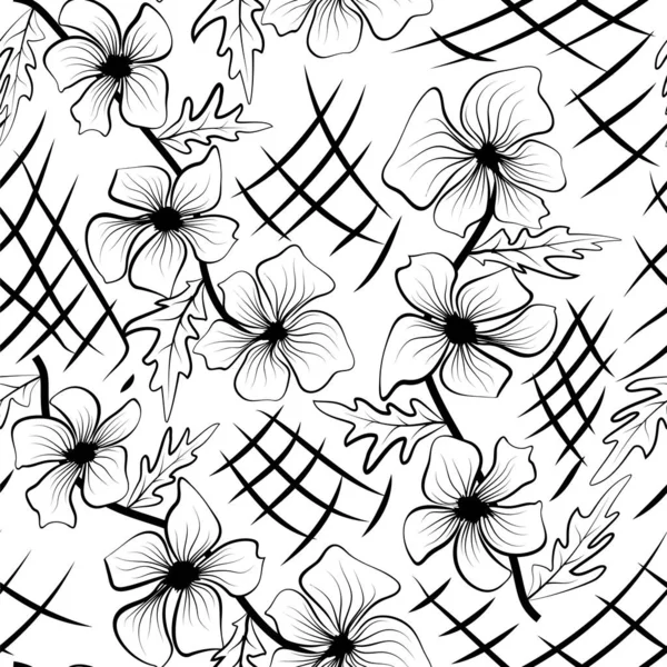 Esbozos negros de flores sobre fondo blanco. Textura floral repetir patrón moderno. Azulejo de patrón sin costuras. Esquemas negros modernos de flores, gran diseño para cualquier propósito . — Archivo Imágenes Vectoriales