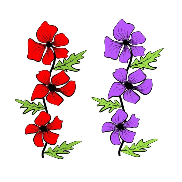 Red and blue flowers. Set on colorful flowers backdrop. Graphic floral pattern. Element decorative floral — 스톡 벡터
