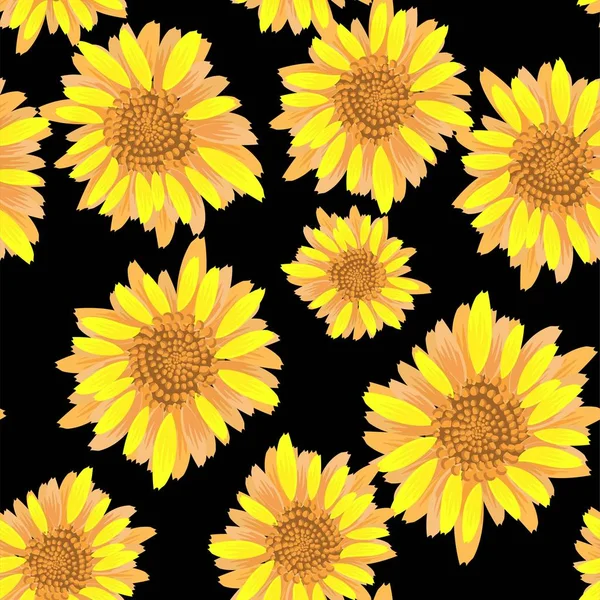Бесшовный узор с желтыми подсолнухами на черном фоне. Бесшовный векторный рисунок. Декоративная цветочная иллюстрация. Цветок луга. Цветочный ботанический цветок. Элемент повторяющегося дизайна — стоковый вектор
