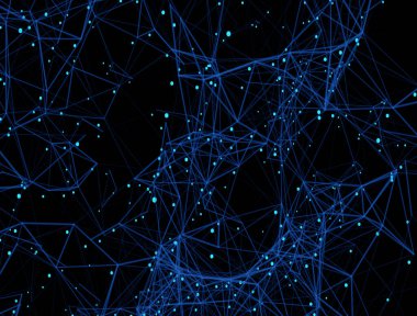 Koyu arkaplanlı mavi noktalı moda sanat simgesi. Dekoratif fon. İş konsepti. Soyut geometrik desen. Siyah tasarım elemanı. Moda Dekorasyonu.