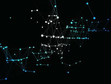 Koyu arkaplanlı mavi noktalı moda sanat simgesi. Dekoratif fon. İş konsepti. Soyut geometrik desen. Siyah tasarım elemanı. Moda Dekorasyonu.