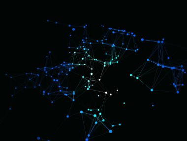 Koyu arkaplanlı mavi noktalı moda sanat simgesi. Dekoratif fon. İş konsepti. Soyut geometrik desen. Siyah tasarım elemanı. Moda Dekorasyonu.