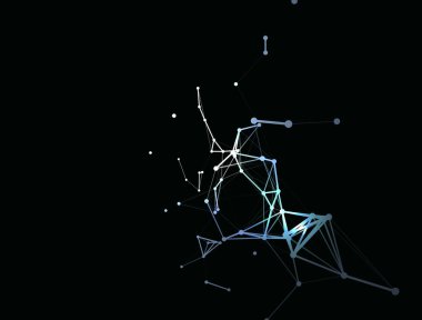 Koyu arkaplanlı mavi noktalı moda sanat simgesi. Dekoratif fon. İş konsepti. Soyut geometrik desen. Siyah tasarım elemanı. Moda Dekorasyonu.