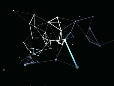 Koyu arkaplanlı mavi noktalı moda sanat simgesi. Dekoratif fon. İş konsepti. Soyut geometrik desen. Siyah tasarım elemanı. Moda Dekorasyonu.