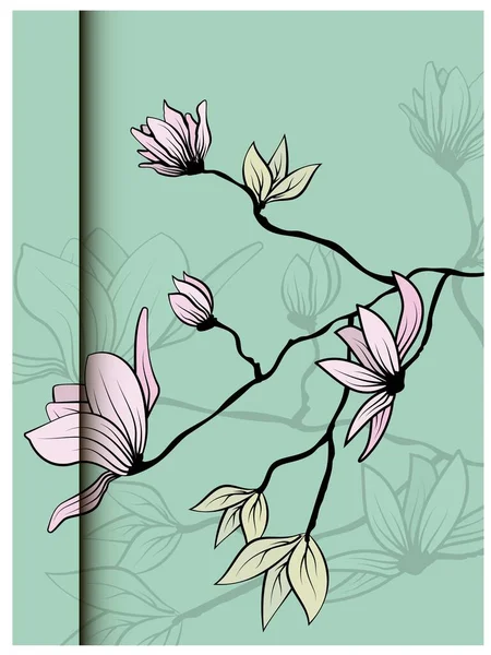 Boceto vintage primer plano de la rama de magnolia rosa con hojas sobre fondo verde para el diseño decorativo. Vector romántica ilustración floral. Fondo de primavera. ilustración dibujada a mano — Archivo Imágenes Vectoriales