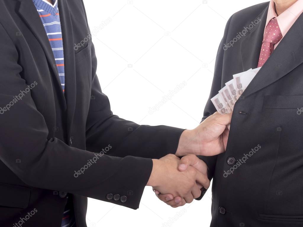 Businessman giving a bribe for corruption something on isolated 