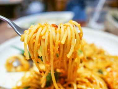 Closeup baharatlı makarna / spagetti çatalı (seçici odak üzerinde)