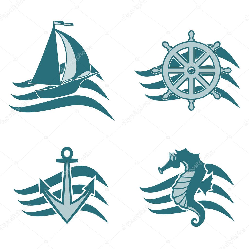 Set of logos on the theme of the sea