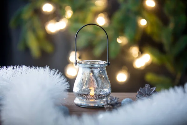 Christmas lantern and fairy lights — Stock Photo, Image