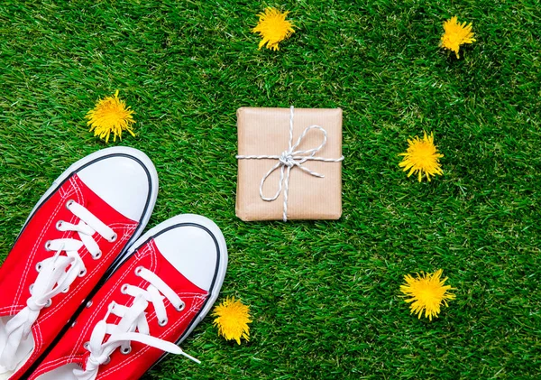 Red sporty gumshoes and gift box — Stock Photo, Image