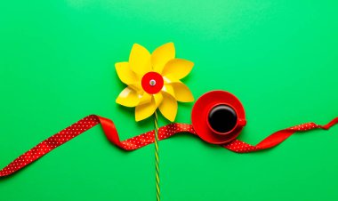 renkli çiçek ve kırmızı kurdele