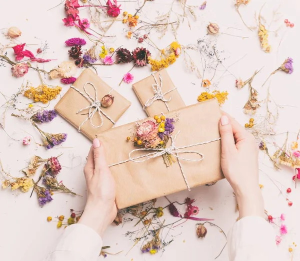 Female hands holding gift box with herbs — Stock Photo, Image