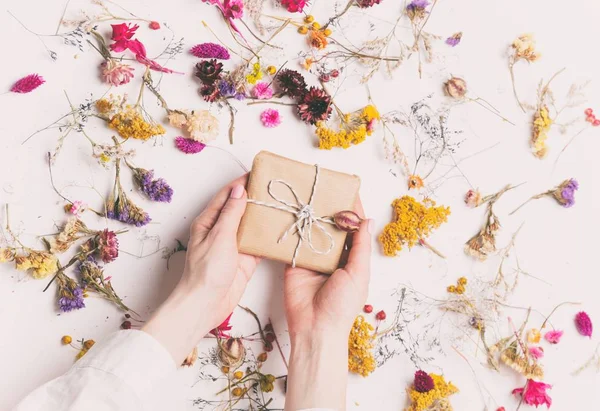 Female hands holding gift box with herbs — Stock Photo, Image