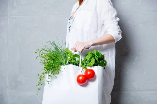 Nő gazdaság táska gyógynövények és paradicsommal — Stock Fotó
