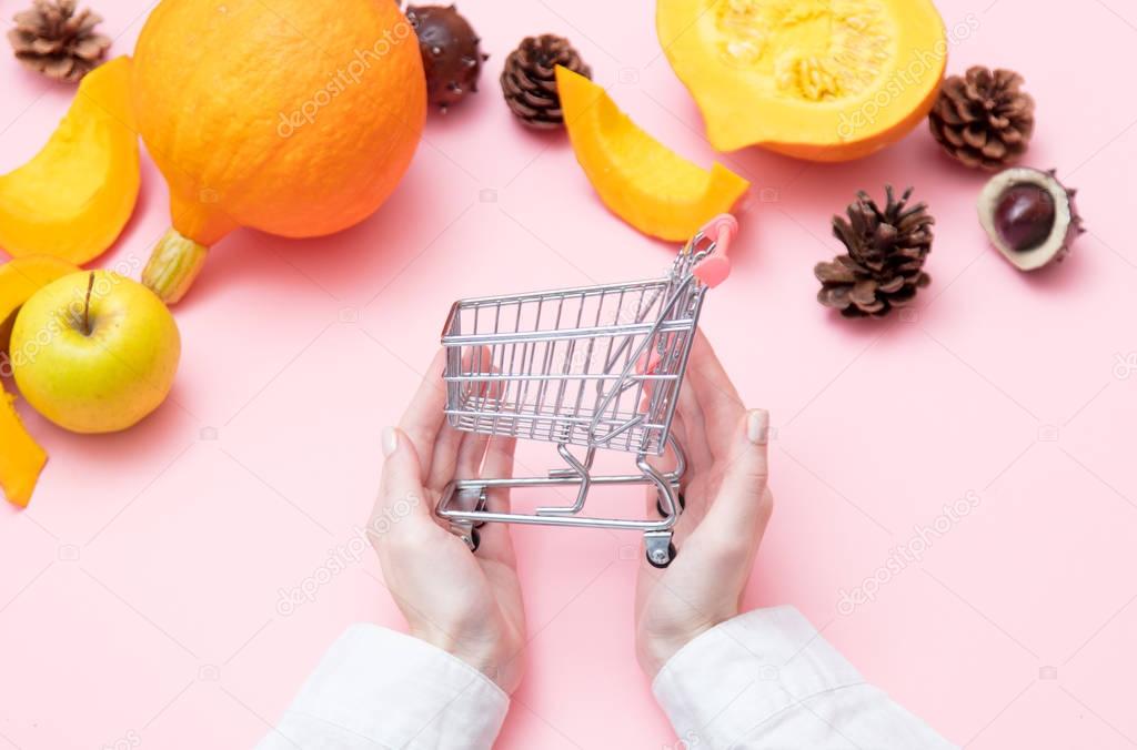 female hands holding shopping cart 