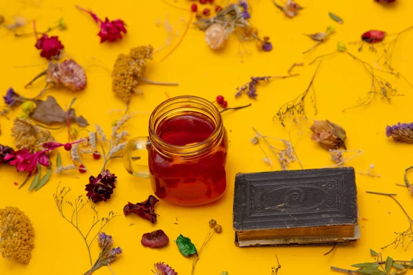 Küçük kitap ve otlar ile kırmızı çay — Stok fotoğraf