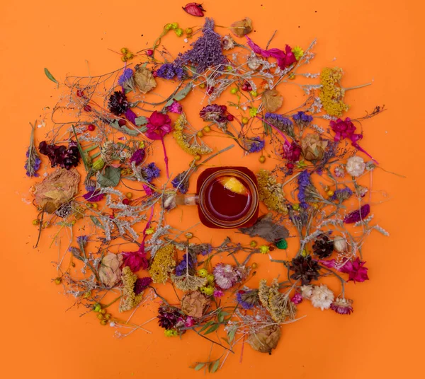 Kopp te och örter med blommor runt — Stockfoto