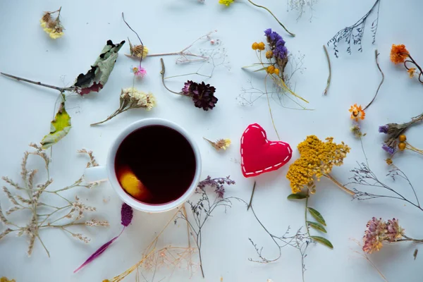 Chávena branca de chá vermelho com brinquedo em forma de coração e ervas — Fotografia de Stock