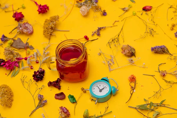Küçük çalar saat ve otlar ile kırmızı çay — Stok fotoğraf