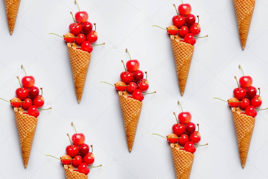 Cherries ice-cream in cones