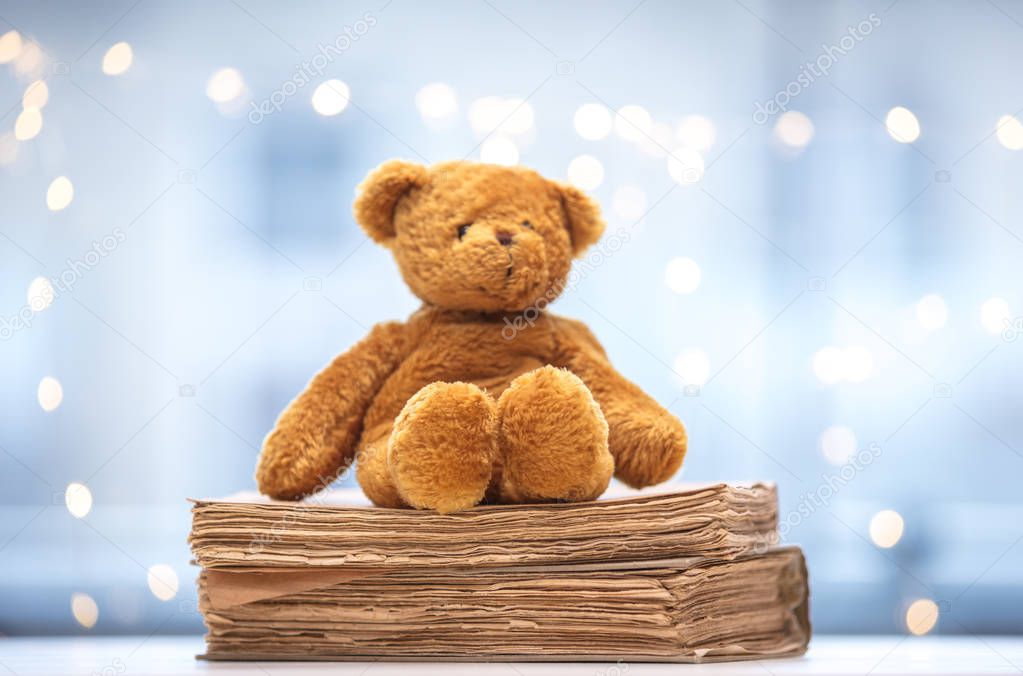 Teddy bear soft toy with old books on fairy lights