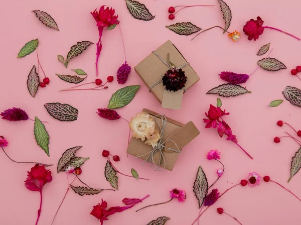 Kézzel Készített Ajándék Doboz Növény Levelei Virágai Rózsaszín Háttér — Stock Fotó