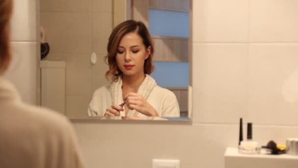 Young Beautiful Woman Applying Make Bathroom — Stock Video